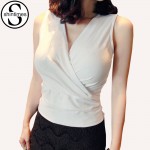 shintimes Tank Top Women Vest Summer 2016 White Crop Tops Cropped Sexy Deep V-Neck Top Cotton Ruched Shirt Tees Womens Clothing