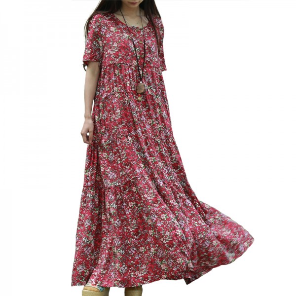 short sleeve summer beach dress 2017 small floral cotton maxi long dresses women shirt dress bohemian folk robe sommer kleid