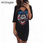 skitzyou Print t shirt Dress Punk Rock Style Summer Women Casual Mini Gray Dress Sexy Black V Neck Short Party Dresses vestidos