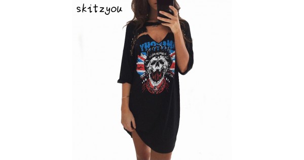 Skitzyou Print T Shirt Dress Punk Rock Style Summer Women Casual Mini