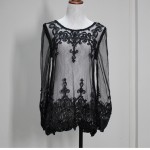 skitzyou Women Summer White Mesh Embroidery See Through Beach Sexy Casual Loose Mini Dress Black Long Sleeve Party Holiday Dress