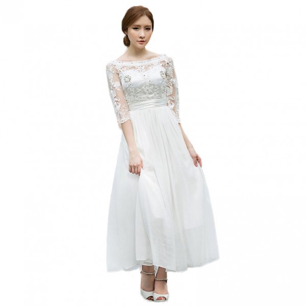 slash neck half sleeve women beading long white chiffon elegant dress fairy ladies dresses 1708LY