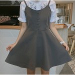 spring autumn fashion Button sweet spaghetti strap strapless puff one-piece dress for girls