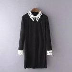 spring fashion women office black dress with white collar Casual Slim vestido vintage Long Sleeve Elegant dresses vestidos