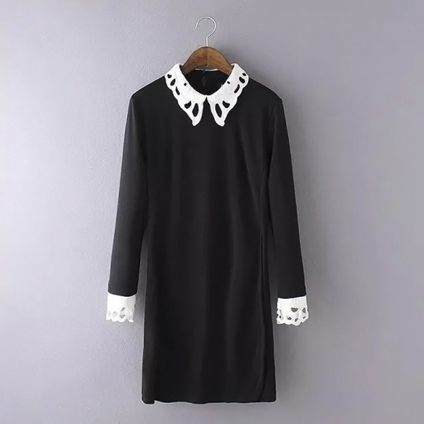 spring fashion women office black dress with white collar Casual Slim vestido vintage Long Sleeve Elegant dresses vestidos