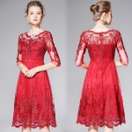 spring summer runway designer womens dresses red blue ball gown high quality vintage flower pattern embroidery brand event dress