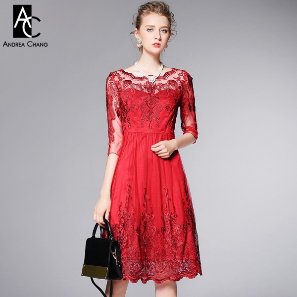 spring summer runway designer womens dresses red blue ball gown high quality vintage flower pattern embroidery brand event dress