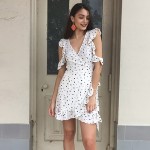 summer dress Vintage irregular bow wrap short dress Women elegant chiffon white beach dress sexy dot print women clothing XD3920