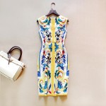 summer of 2016 big European and American new Sicily tin glazed ceramic tile printing sleeveless slim package hip dress