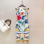 summer of 2016 big European and American new Sicily tin glazed ceramic tile printing sleeveless slim package hip dress