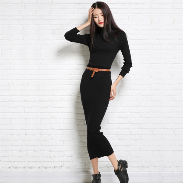 winter rib sweater dress for women long 2016 new office elegant sexy dress long sleeve turtleneck women knitted dress wool