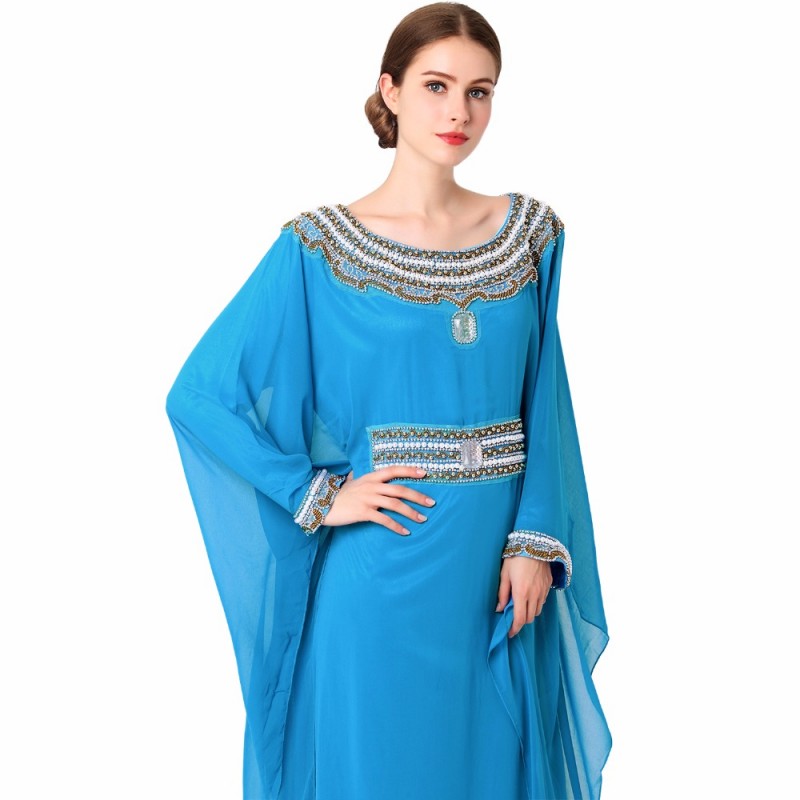Women Embroidery Long Sleeve Muslim Elegant Formal Dress Moroccan