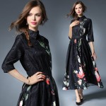 women floral dress 2017 vintage black long print dress bohemian maxi dress half sleeve slim a line autumn tshirt dress elegant