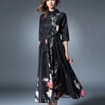 women floral dress 2017 vintage black long print dress bohemian maxi dress half sleeve slim a line autumn tshirt dress elegant