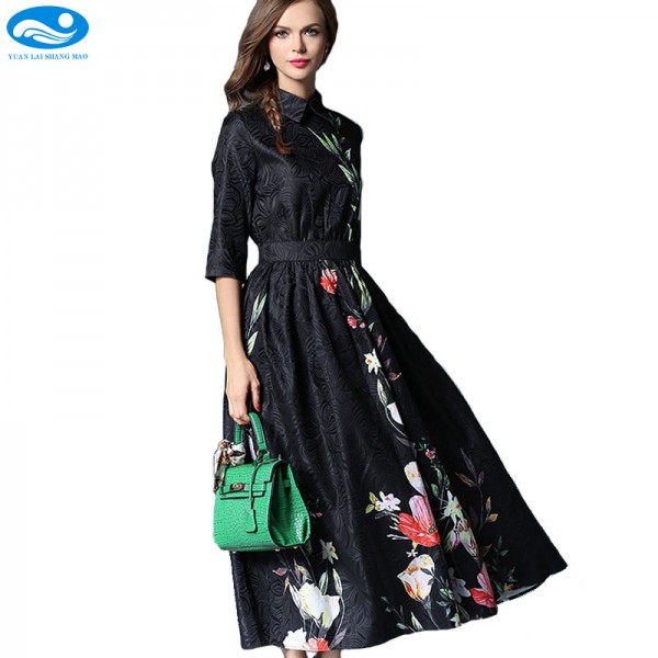 women floral dress 2017 vintage black long print dress bohemian maxi dress half sleeve slim a line autumn tshirt dress elegant