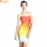 women orange ombre dress gradually shift color off the shoulder strapless rainbow bandage dress sexy short party dress HL8810