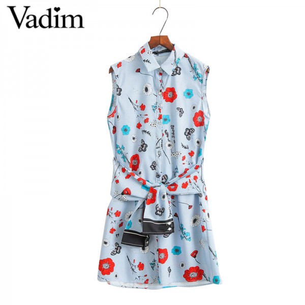 women sweet butterfly flower print shirt dress sashes sleeveless turn down collar summer ladies casual dresses vestidos QZ2855