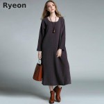 xl-4xl Plus Size Long Women Dresses Simple Pure Color Cotton Long Sleeve Round Neck Mid-calf Pockets Women's Dress Ryeon 