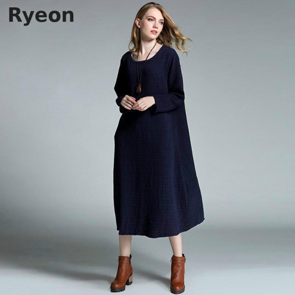 xl-4xl Plus Size Long Women Dresses Simple Pure Color Cotton Long Sleeve Round Neck Mid-calf Pockets Women's Dress Ryeon 