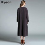 xl-4xl Plus Size Long Women Dresses Simple Pure Color Cotton Long Sleeve Round Neck Mid-calf Pockets Women's Dress Ryeon 