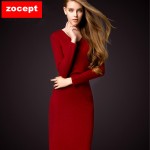 zocept Women's Dresses Solid Full Sleeve V-Neck A-Line Mid-Calf Soft Cashmere Knitted Warm Autumn Winter Female Slim Long Dress