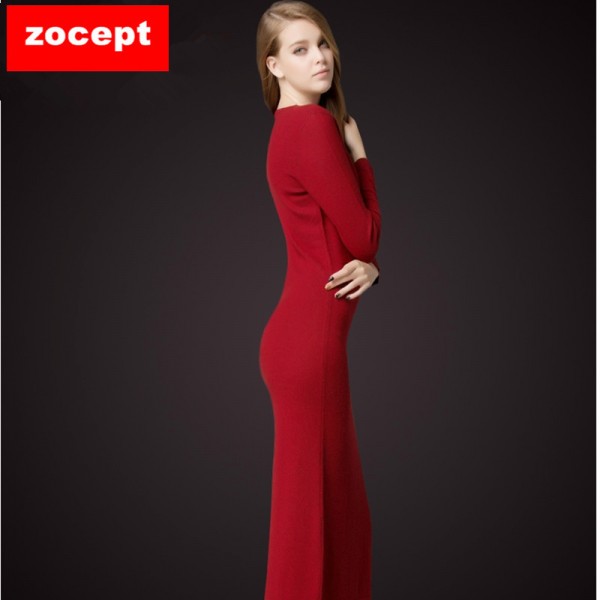 zocept Women's Dresses Solid Full Sleeve V-Neck A-Line Mid-Calf Soft Cashmere Knitted Warm Autumn Winter Female Slim Long Dress