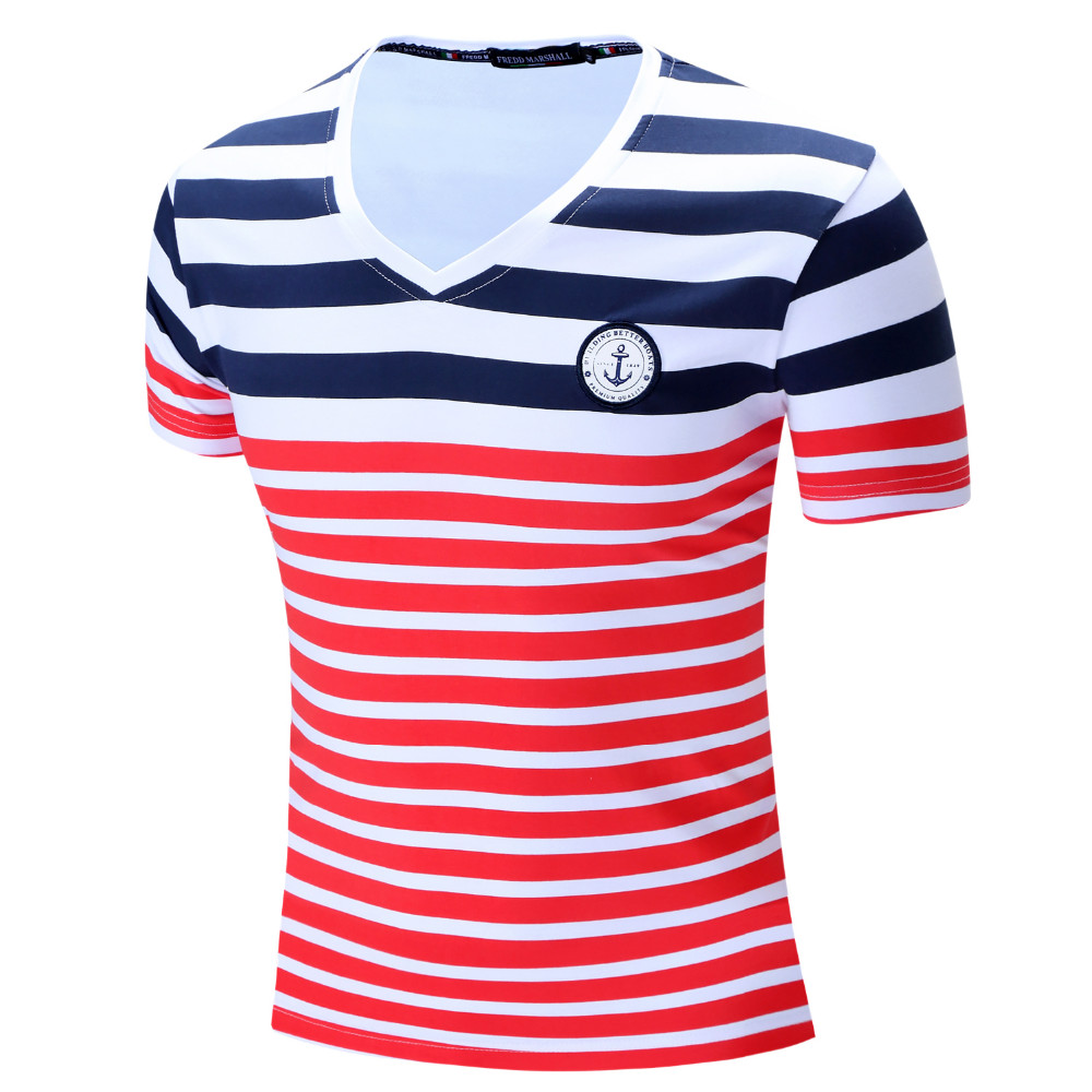 2016-New-Brand-Men-T-shirt-Casual-V-neck-Short-Sleeve-Tees-Stripe-Fashion-Style-Summer-Tops-Wear-100-32602595788