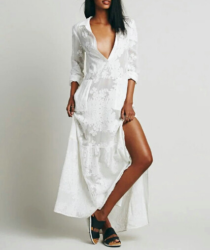 2016-Women-BOHO-Slit-Side-Lace-White-Chiffon-Maxi-Dress-New-Spring-Summer-Lapel-Long-Sleeve-Beach-Lo-32614086849