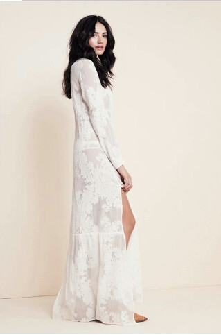 2016-Women-BOHO-Slit-Side-Lace-White-Chiffon-Maxi-Dress-New-Spring-Summer-Lapel-Long-Sleeve-Beach-Lo-32614086849