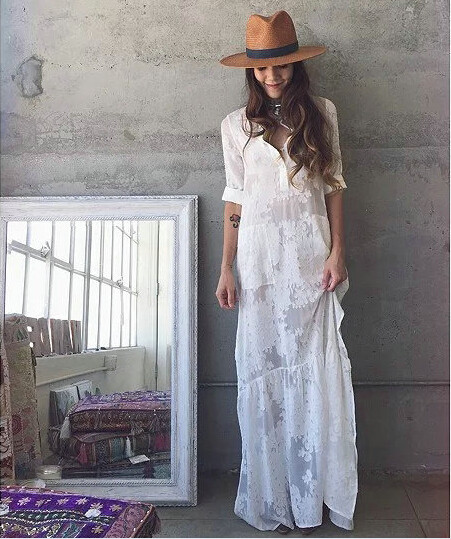 2016-Women-BOHO-Slit-Side-Lace-White-Chiffon-Maxi-Dress-New-Spring-Summer-Lapel-Long-Sleeve-Beach-Lo-32614086849