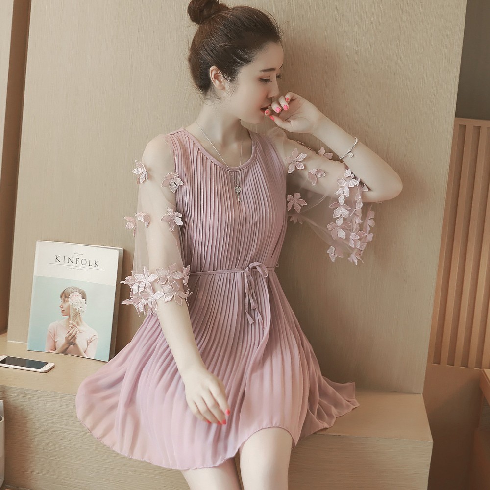 2016-summer-new-Women-Korean-ladies-flowers-mesh-sleeve-pleated-chiffon-dress-32728749310