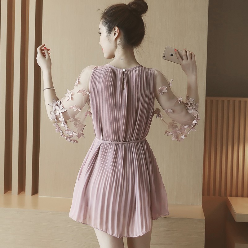 2016-summer-new-Women-Korean-ladies-flowers-mesh-sleeve-pleated-chiffon-dress-32728749310