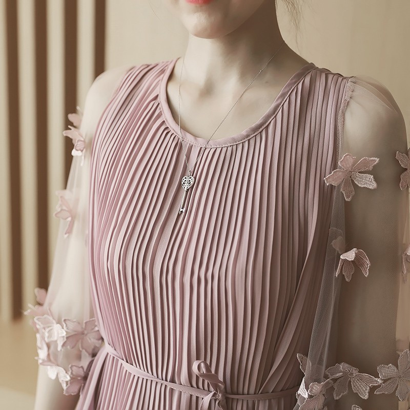 2016-summer-new-Women-Korean-ladies-flowers-mesh-sleeve-pleated-chiffon-dress-32728749310