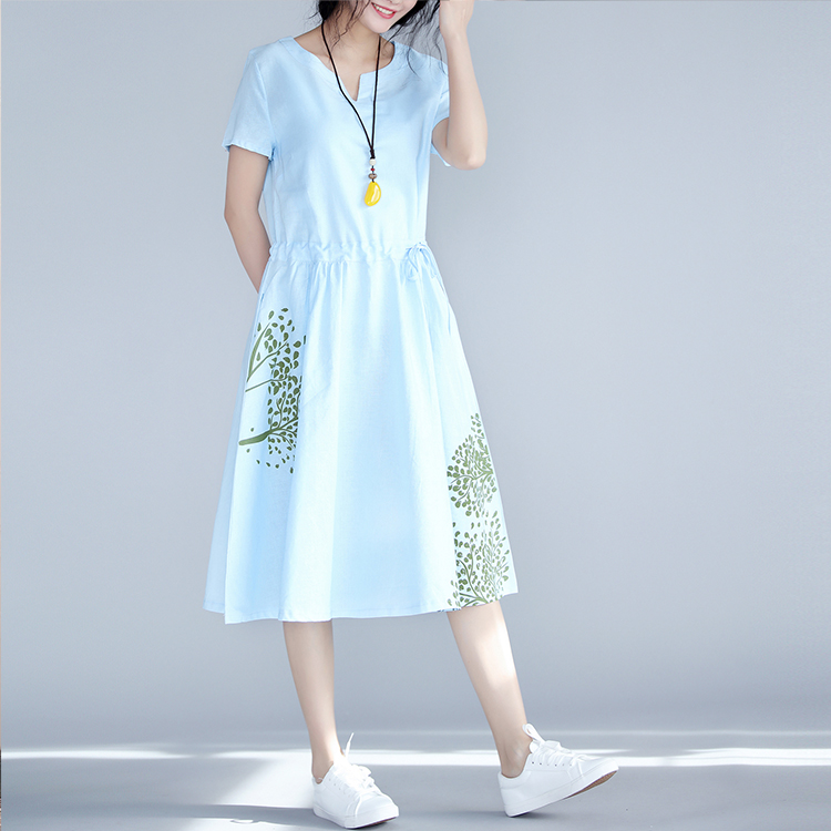 2017-New-Summer-Women-Casual-Loose-Dress-V-Neck-Cotton-And-Linen-Blue-Femininos-Vestidos-Short-Sleev-32793584301