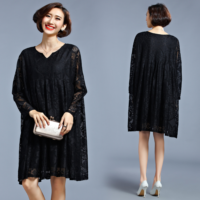 2017-Plus-Large-Size-Loose-Dresses-Women39s-Fashion-Hollow-Out-Black-Lace-Raglan-Sleeve-Women-Mini-L-32638758083