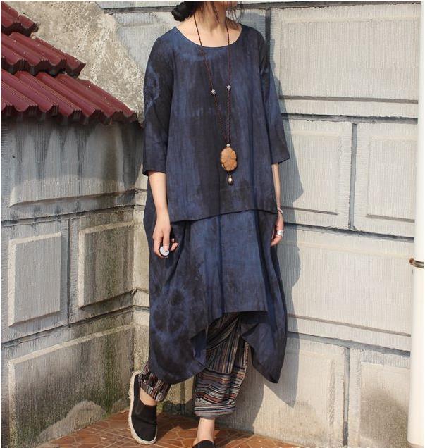 2017-Spring-New-Patchwork-Tie-Dye-Vintage-Women-Dress-Three-Quarter-Sleeve-Round-Neck-Loose-Plus-Siz-32603080022