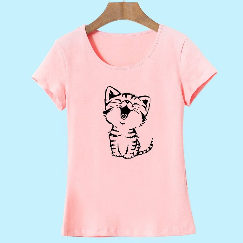 2017-Summer-New-Fashion-Women39s-Casual-O-Neck-T-Shirt-Tops-Camisas-with-Funny-Cat-Print-and-Short-S-32651187425