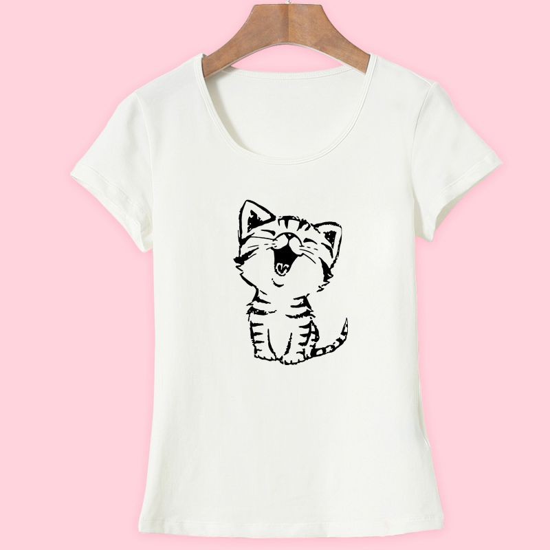 2017-Summer-New-Fashion-Women39s-Casual-O-Neck-T-Shirt-Tops-Camisas-with-Funny-Cat-Print-and-Short-S-32651187425