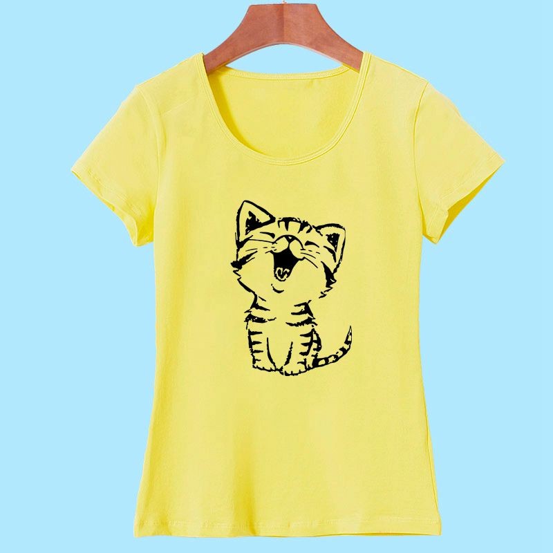 2017-Summer-New-Fashion-Women39s-Casual-O-Neck-T-Shirt-Tops-Camisas-with-Funny-Cat-Print-and-Short-S-32651187425