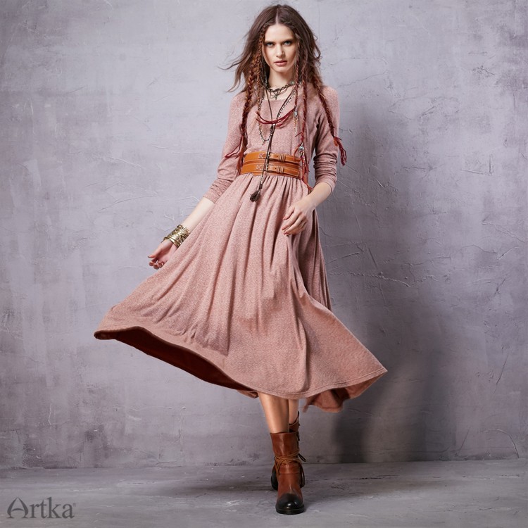 Artka-Women39s-2016-Spring-New-Bohemian-Style-Solid-Color-Comfy-Dress-O-neck-Long-Sleeve-Mid-Calf-Al-32603869669