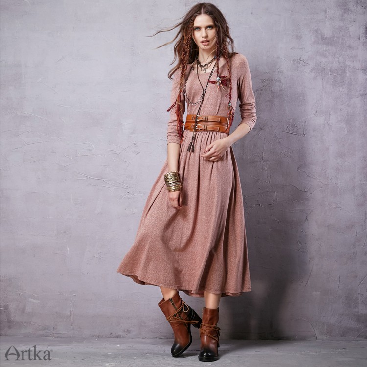 Artka-Women39s-2016-Spring-New-Bohemian-Style-Solid-Color-Comfy-Dress-O-neck-Long-Sleeve-Mid-Calf-Al-32603869669