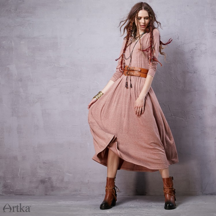 Artka-Women39s-2016-Spring-New-Bohemian-Style-Solid-Color-Comfy-Dress-O-neck-Long-Sleeve-Mid-Calf-Al-32603869669