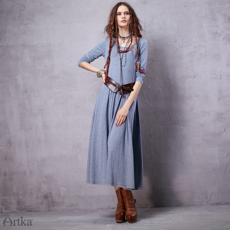 Artka-Women39s-2016-Spring-New-Bohemian-Style-Solid-Color-Comfy-Dress-O-neck-Long-Sleeve-Mid-Calf-Al-32603869669