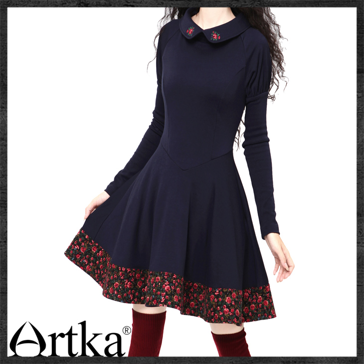 Artka-Women39s-Spring-Autumn-Vintage-Cute-Ruffled-Collar-Full-Sleeve-Embroidery-Print-Slim-Dress--LA-32231352601