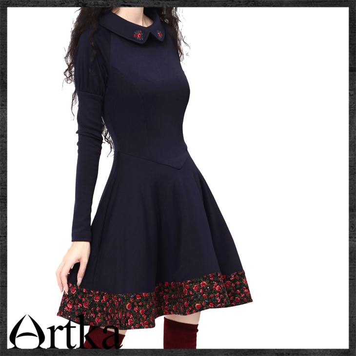 Artka-Women39s-Spring-Autumn-Vintage-Cute-Ruffled-Collar-Full-Sleeve-Embroidery-Print-Slim-Dress--LA-32231352601