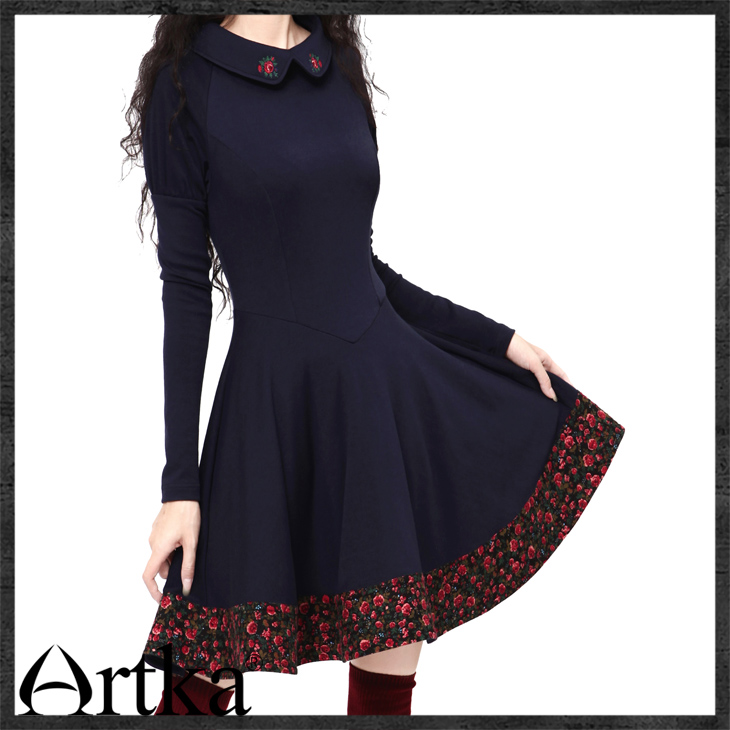 Artka-Women39s-Spring-Autumn-Vintage-Cute-Ruffled-Collar-Full-Sleeve-Embroidery-Print-Slim-Dress--LA-32231352601