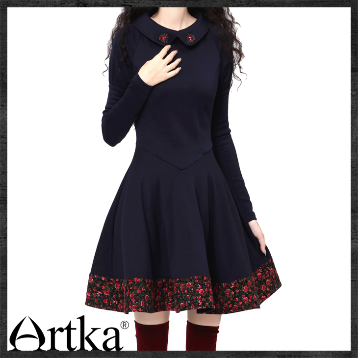 Artka-Women39s-Spring-Autumn-Vintage-Cute-Ruffled-Collar-Full-Sleeve-Embroidery-Print-Slim-Dress--LA-32231352601