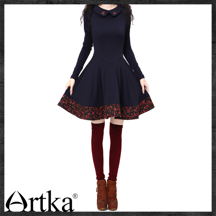 Artka-Women39s-Spring-Autumn-Vintage-Cute-Ruffled-Collar-Full-Sleeve-Embroidery-Print-Slim-Dress--LA-32231352601