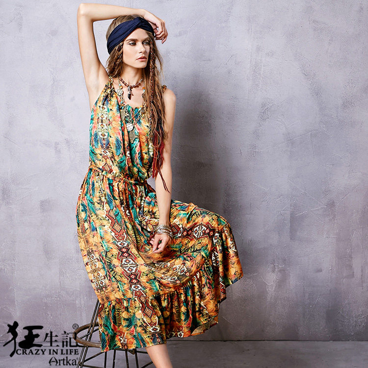 Artka-Women39s-Spring-New-Boho-Style-Printed-Spaghetti-Strap-Dress-Vintage-Cinched-Waist-Drawstring--32674541511