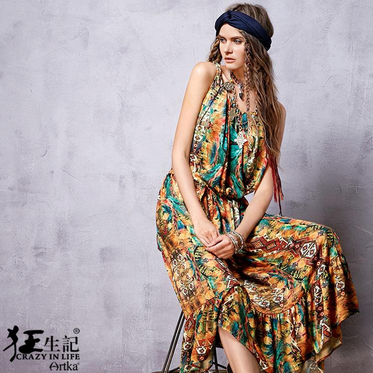 Artka-Women39s-Spring-New-Boho-Style-Printed-Spaghetti-Strap-Dress-Vintage-Cinched-Waist-Drawstring--32674541511